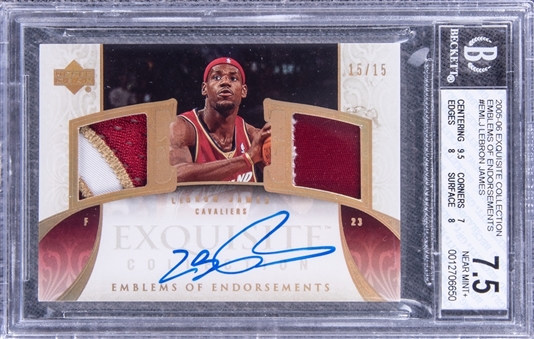 2005-06 UD "Exquisite Collection" Emblems of Endorsements #EMLJ LeBron James Signed Game Used Patch Card (#15/15) - BGS NM+ 7.5/BGS 10